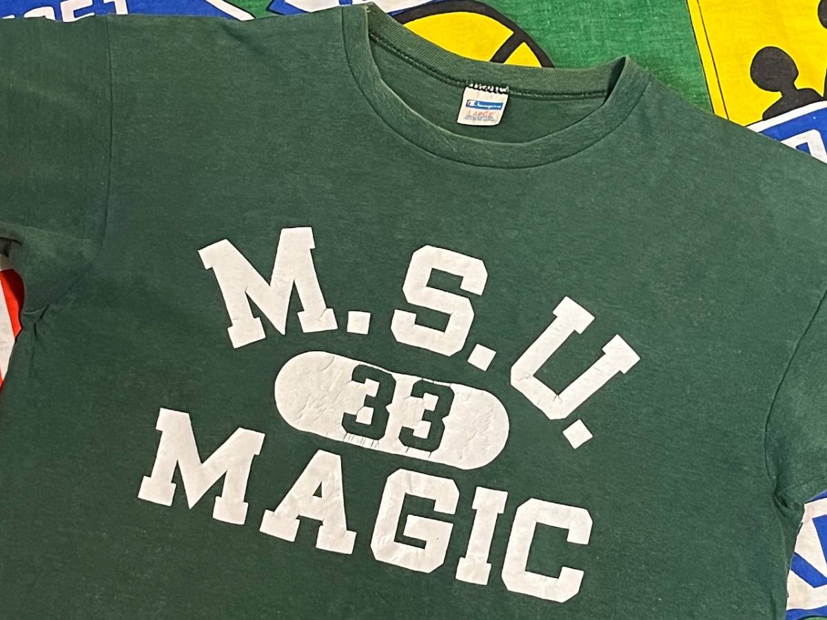 ☆バランスの良い３段プリント☆Made in USA製アメリカ製ChampionチャンピオンビンテージカレッジTシャツ70s70年代カプセルナンバリング緑L_♪1970s~ Champion♪