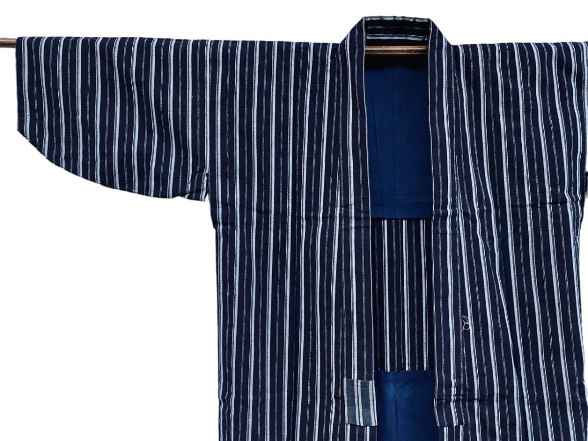 昭和初期 戦後 野良着 長着 着物 KIMONO 藍染 INDIGO BLUE 縞柄 もめん 手差し ジャパンヴィンテージ JAPAN VINTAGE 40s50s 侘び寂び