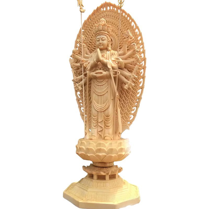 手彫り 千手観音菩薩 仏像 桧木 精密工芸品 仏教美術 置物-