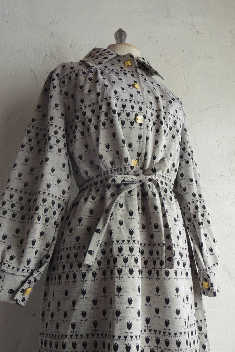 古着♪レトロVintageチューリップ柄グレーモダンワンピ♪昭和レトロ