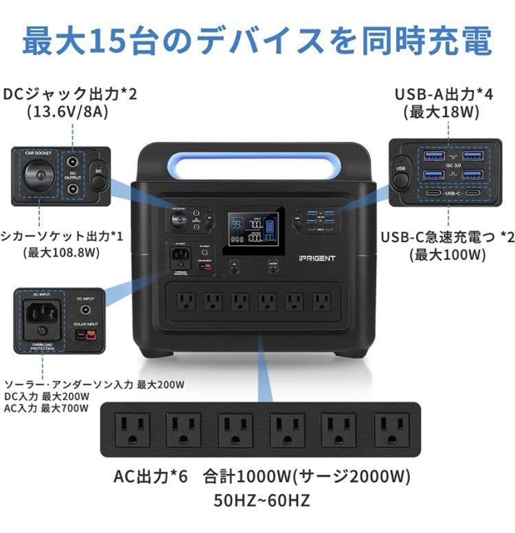 ポータブル電源 1228WH/384800mAh 大容量 6 AC出力 1000W (瞬間最大