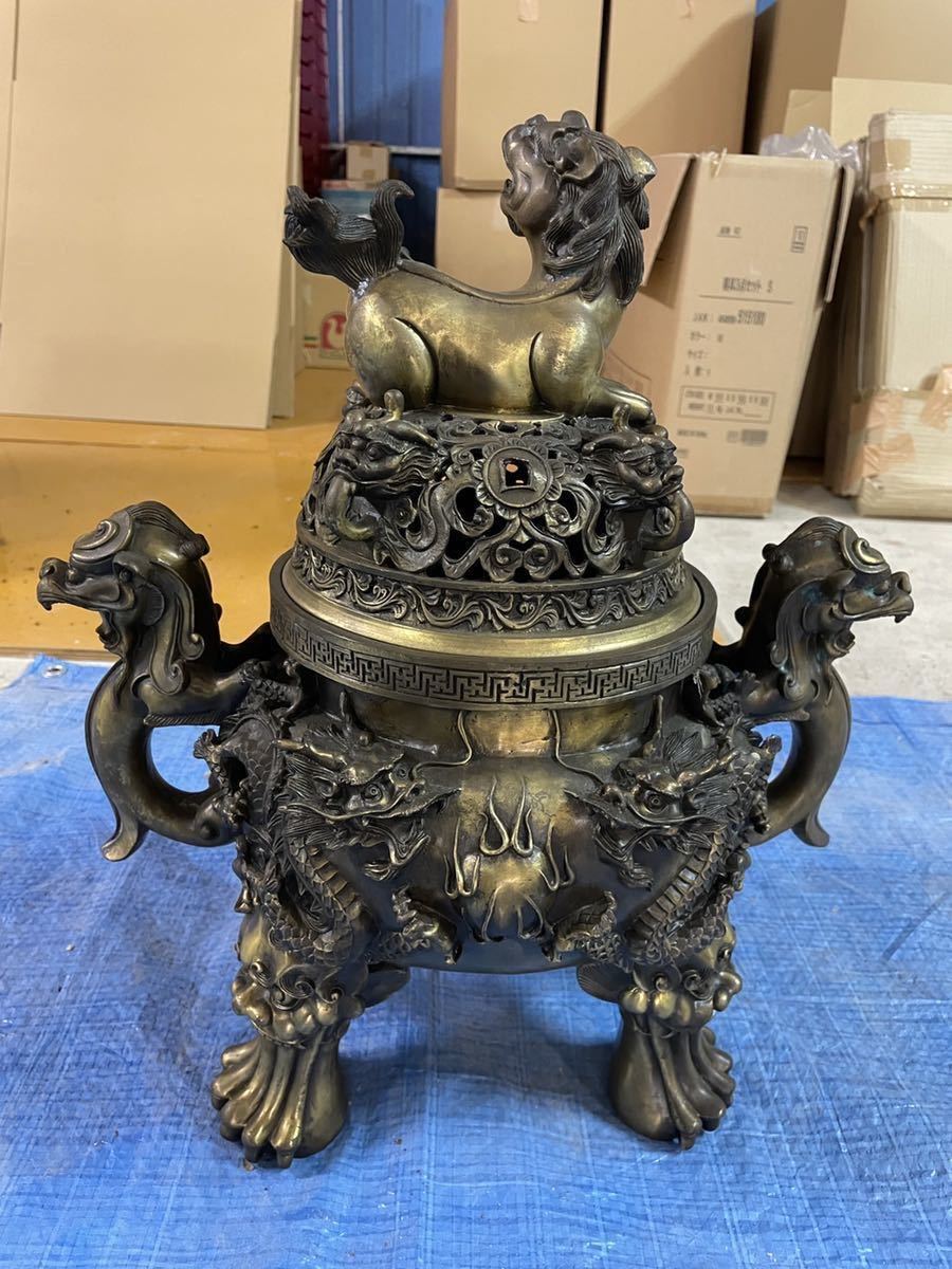 銅製香炉 香道具 三足 中国 獅子 古美術 千葉県内引取-