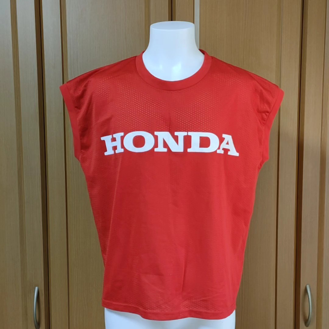 ホンダノースリーブTシャツF　赤　メッシュ　HONDA白ロゴプリント　プラクティスシャツ　タンクトップ　希少デザイン　前後2枚接ぎ