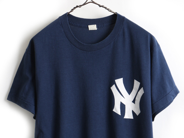 逆輸入 80s 紺 シングルステッチ ビンテージ 80年代 古着 程) M 小さめ メンズ XL Tシャツ 半袖 プリント ヤンキース  ニューヨーク MLB  USA製 文字、ロゴ
