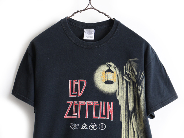 人気 黒 ■ レッドツェッペリン プリント 半袖 Tシャツ ( メンズ M ) 古着 Led Zeppelin バンドT ロックT プリントTシャツ ヘビーウェイト_画像2