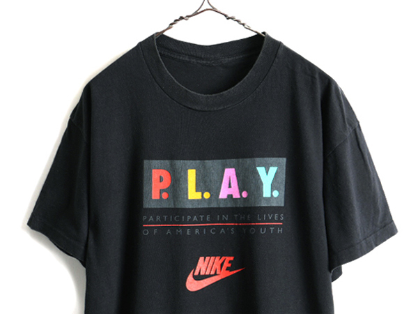 90s USA製 人気 黒 ■ NIKE ナイキ PLAY 多色 プリント 半袖 Tシャツ ( メンズ L 程) 古着 90年代 シングルステッチ スウォッシュ 銀タグ_画像2