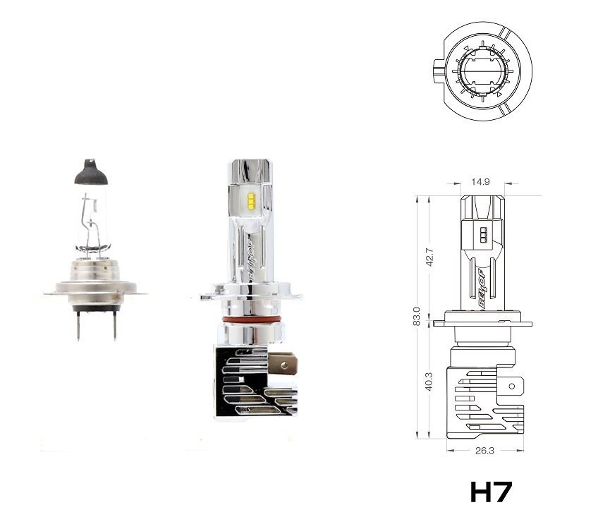 【車検対応！2年保証】★BELLOF プレシャス レイ Z LEDバルブ/H7（DBA1924）★12V/24V対応/4500K/3600lm_※形状比較/サイズ画像