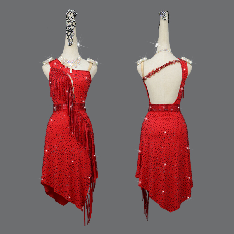 新作NEW　ラテン競技試合用素敵ドレス　レディース社交ダンス衣装　サイズ調整無料対応　S～2XL　ライトストーン飾り　赤色