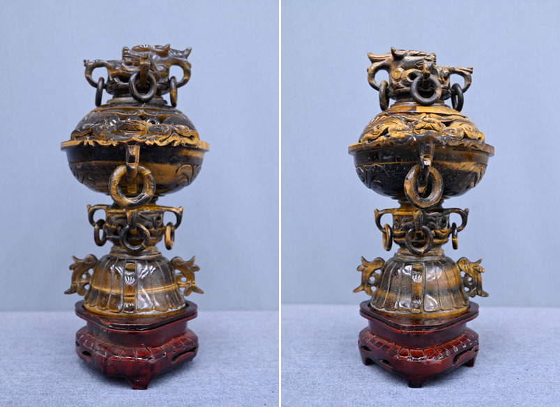 KT2711 ◇50年前の展示長期保管品 中国美術 虎目石彫刻 龍耳遊環付香炉
