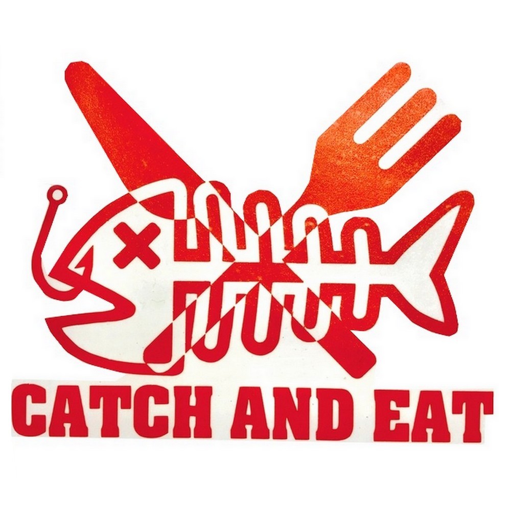 釣り ステッカー CATCH AND EAT 【赤】Mサイズ 横幅20㎝ キャッチ＆イート 釣り具 フィッシング 切抜き ステッカー シール 防水 屋外OK_画像1