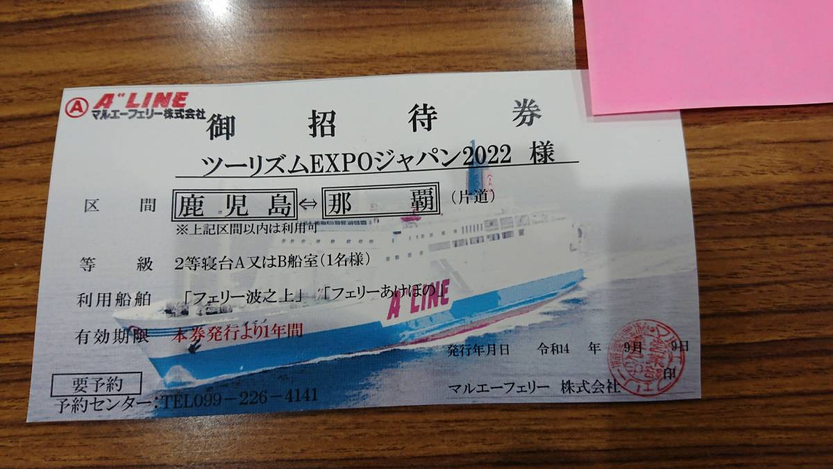 鹿児島ー沖縄片道フェリーチケット - 乗車券、交通券