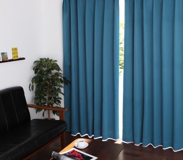 １級遮光 ドレープカーテン (幅100cm×高さ195cm)の２枚セット 色-マリンブルー /国産 日本製 防炎 遮熱 洗える