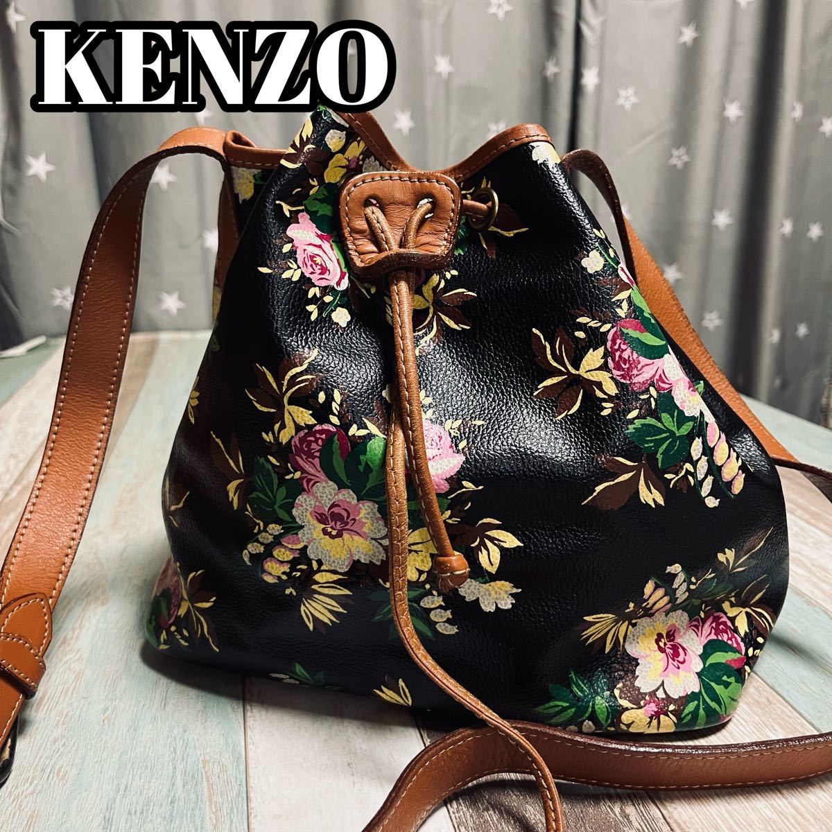 KENZO (ケンゾー)巾着型レザー花柄ショルダーバッグ