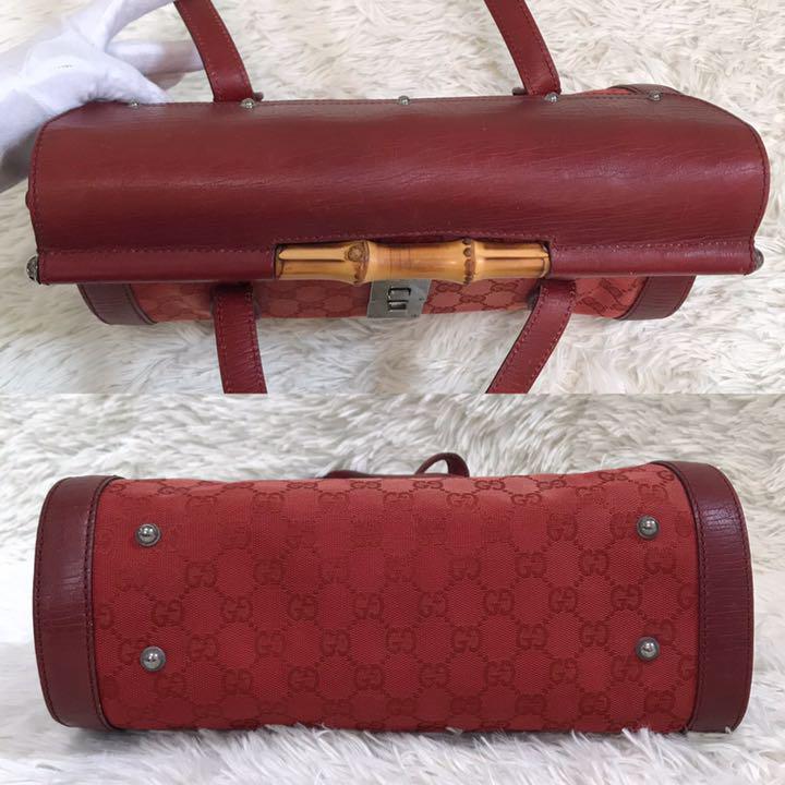 グッチ GUCCI ハンドバッグ ショルダーバッグ GG柄 バンブー 筒型 111713 シルバー金具 レディロック レッド キャンバス レザー
