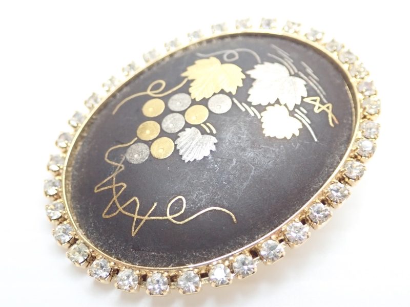 L089　和風　ブローチ　金象嵌細工　葡萄　ぶどう　ラインストーン　レトロ　アクセサリー　Japanese　made　brooch_画像2