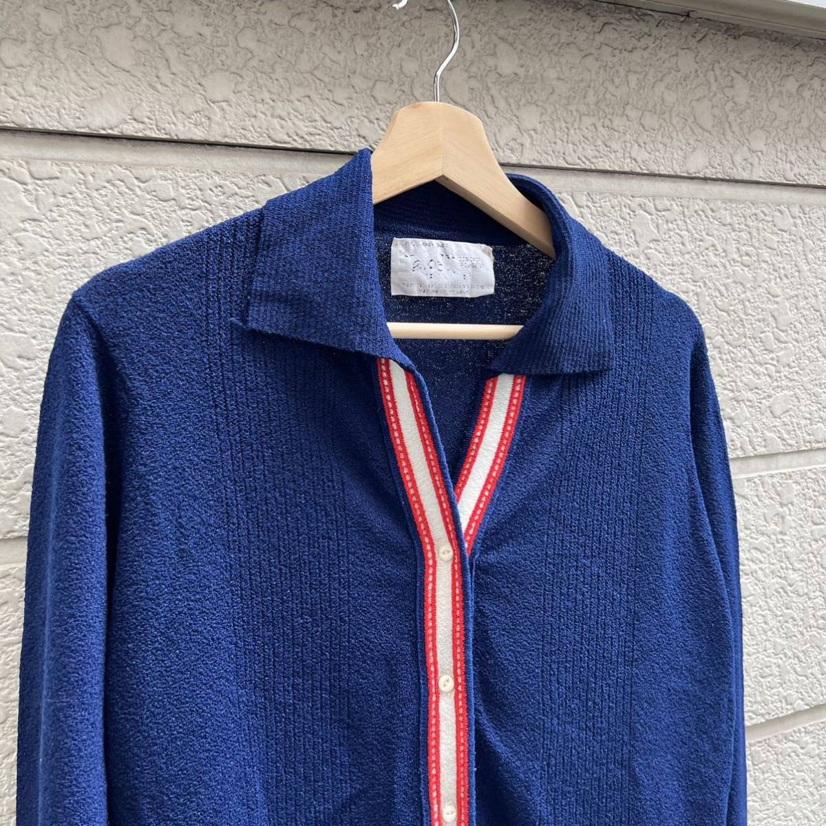 70s US古着 ニットジャケット レディース ポリエステルニット オープンカラー ネイビー 紺色 バンロン アメリカ古着 vintage ヴィンテージ_画像3