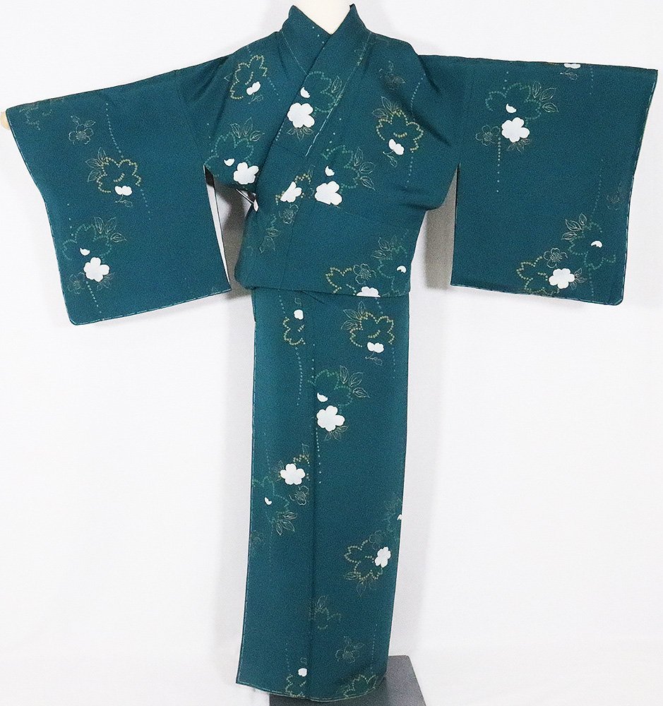 友禅 小紋 袷 正絹 緑 桜 Lサイズ ki19768 新品 レディース シルク オールシーズン 送料無料 激安