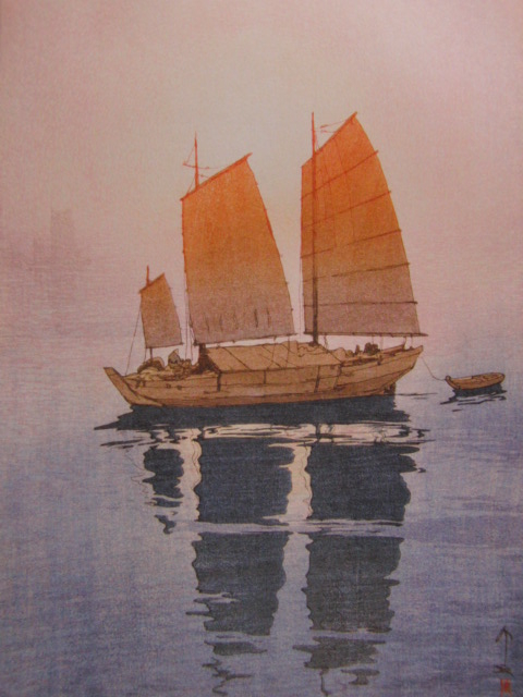  Yoshida ., Seto inside sea compilation sailing boat ( morning ), rare book of paintings in print .., high class frame attaching, condition excellent, free shipping 