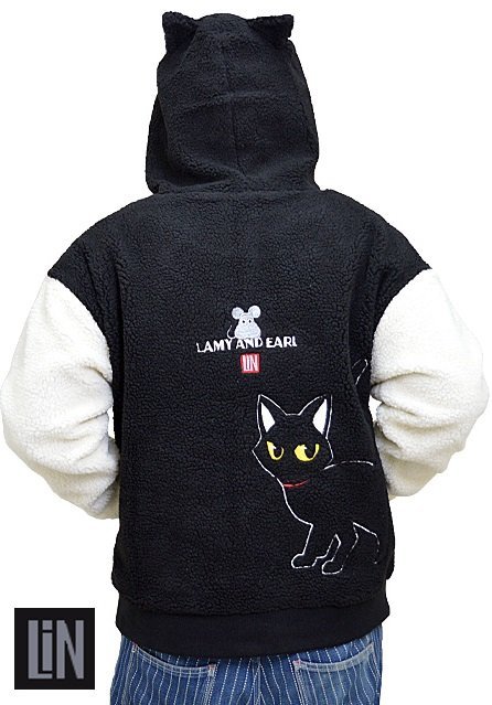 ラミ＆アール モコモコボアパーカー◆LIN ブラック×ホワイトMサイズ AL-75056 黒猫 ネコ 鼠 ネズミ 刺繍 アウター