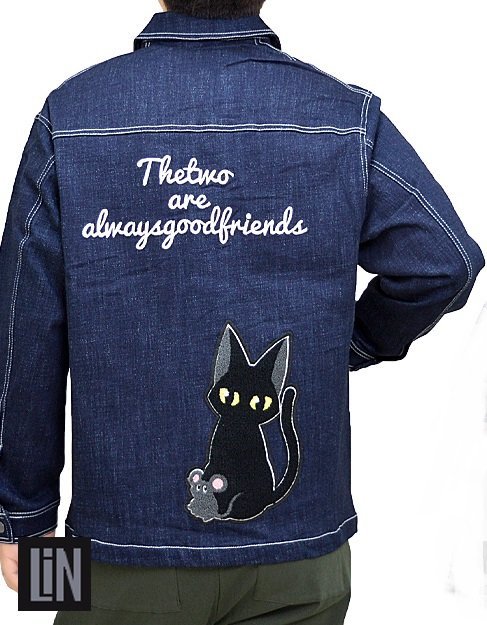 ラミ＆アール デニムカバーオールジャケット◆LIN ネイビーLサイズ AL-75061 黒猫 ネコ 鼠 ネズミ 刺繍