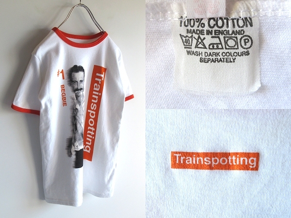 90sビンテージ EURO古着 TRAINSPOTTING トレインスポッティング BEGBIE ベグビープリント トリム リンガーTシャツ 36 英国製 映画 シネマT_画像1