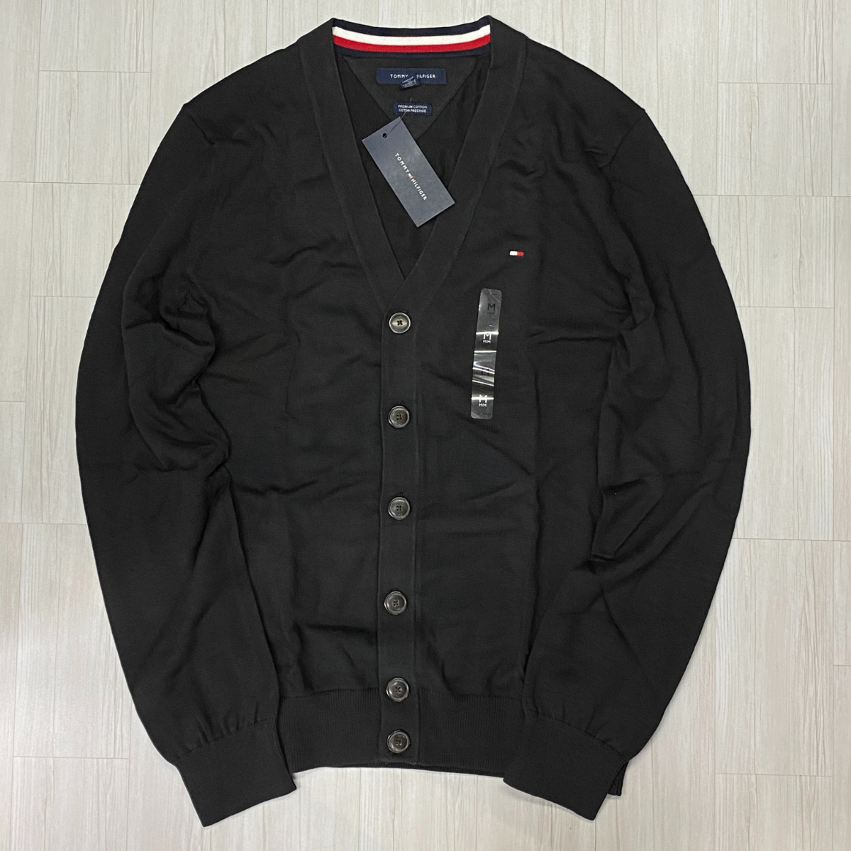 USAモデル 【XL】 TOMMY HILFIGER トミーヒルフィガー プレミアムコットンニット ハイゲージ カーディガン 黒 フラッグロゴ (R4F-17)