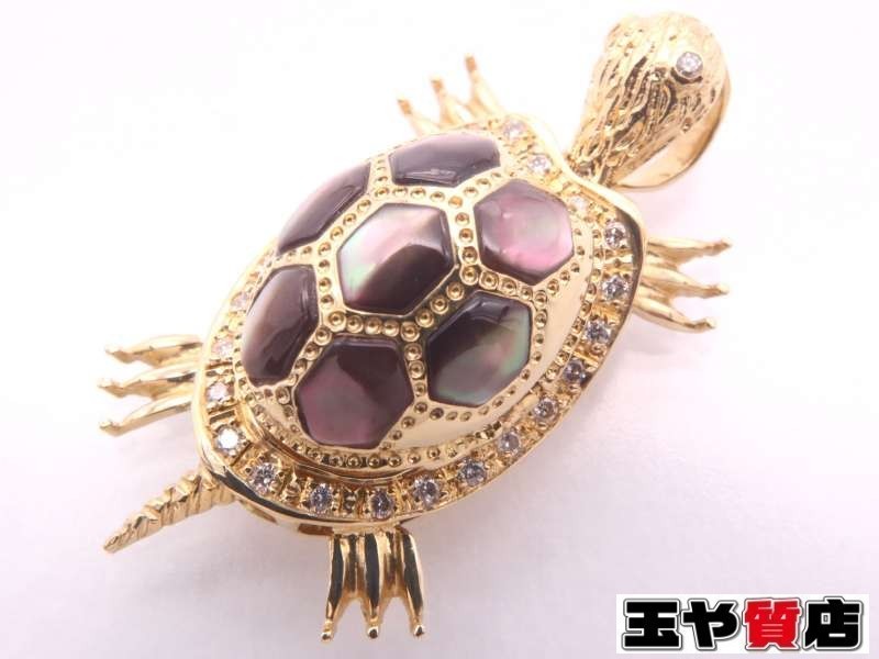 美品 ダイヤ0.18ct シェル 亀・観音様 甲羅開閉式 ペンダントトップ