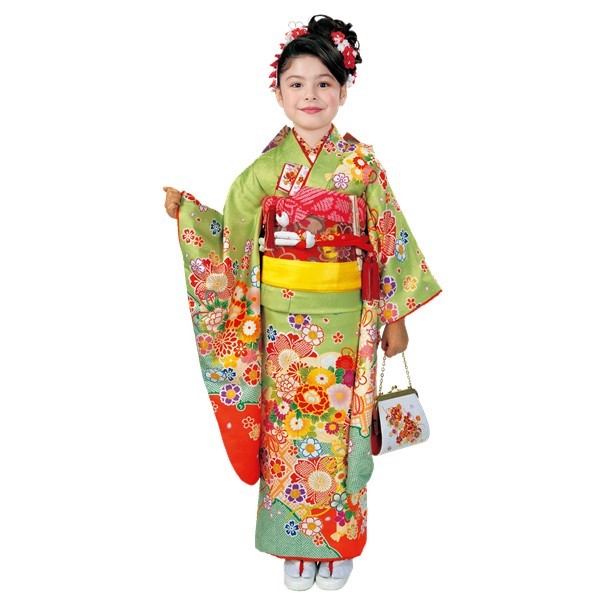 [ ясная погода надеты комплект No.76 желтый зеленый ]RK "Семь, пять, три" 7 лет ( кимоно пояс оби мусуби zori сумка мелкие вещи ) 4 .. кимоно с длинными рукавами цветочный принт . рисовое поле Новый год Hinamatsuri Event 