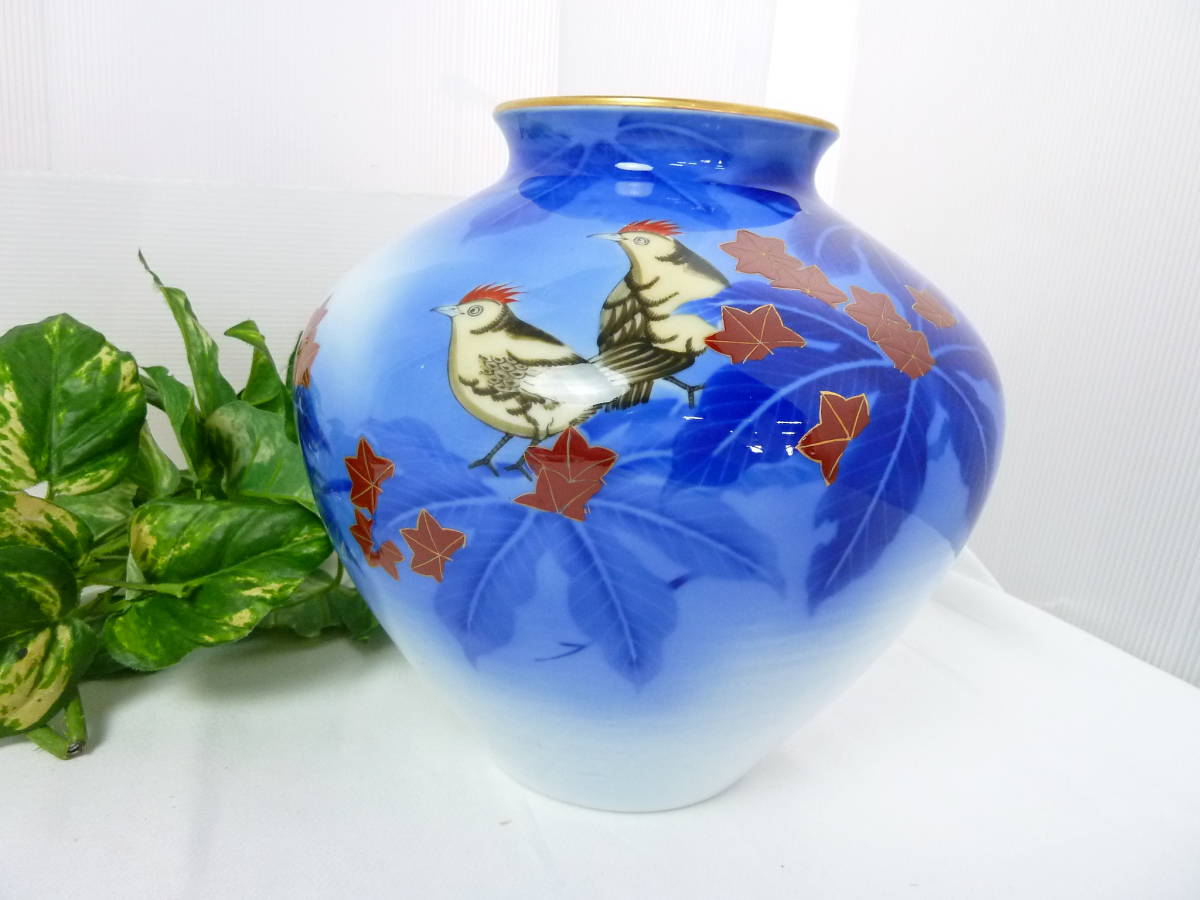 香蘭社 花瓶 花器 壺 紅葉に鳥 金縁金彩 オブジェとしても(香蘭社