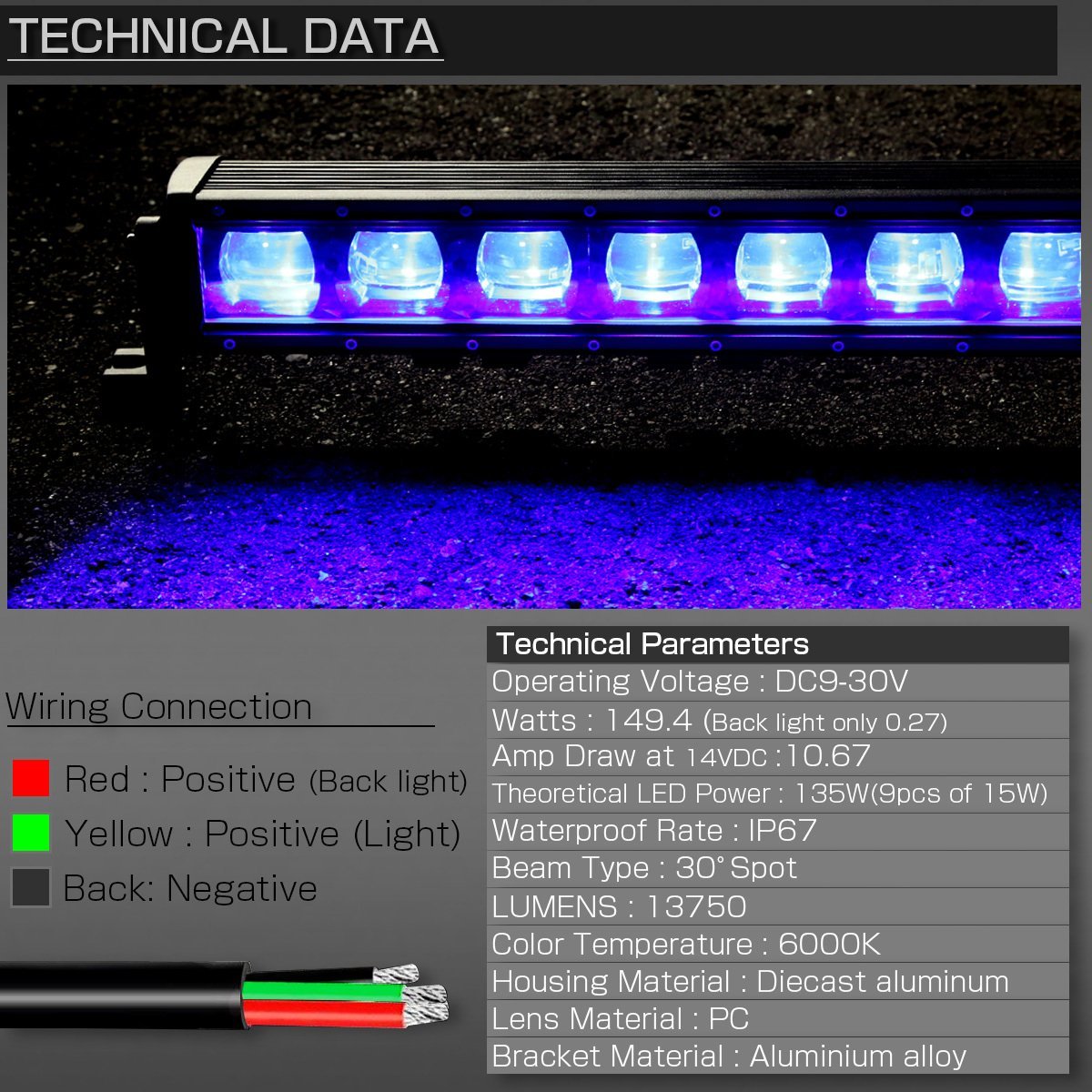 LEDライトバー 135W 21インチ ブルー バックライト内蔵 ブラックインナー スポット BLシリーズ 13750lm 12V 24V 防水IP67 作業灯 P-543の画像5