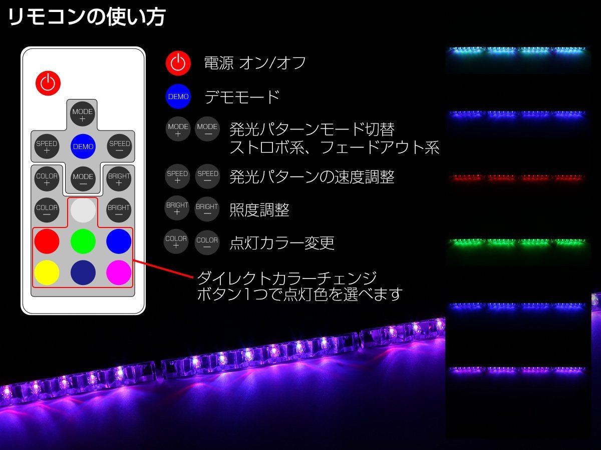 RGB フットランプ 汎用キット 8LED×4　リモコンでカラーチェンジ 点滅パターン 明るさ変更可能 P-436_画像3
