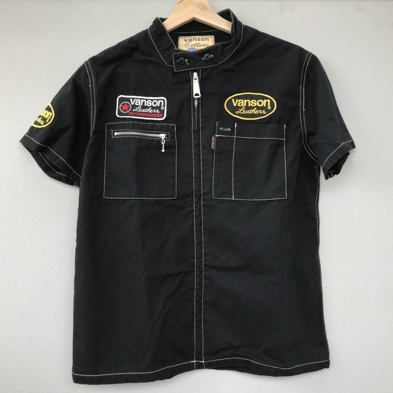 VANSON 半袖 ワーク シャツ バンソン サイズS 黒 刺繍 ワッペン