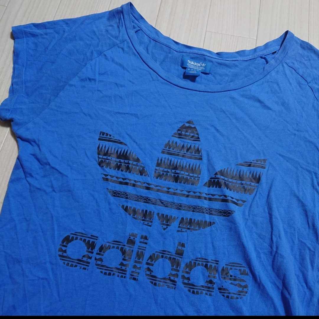 adidas アディダス プリントロゴ入り半袖 Tシャツ ラグラン袖　トレフォイルロゴ　ブルー_画像2