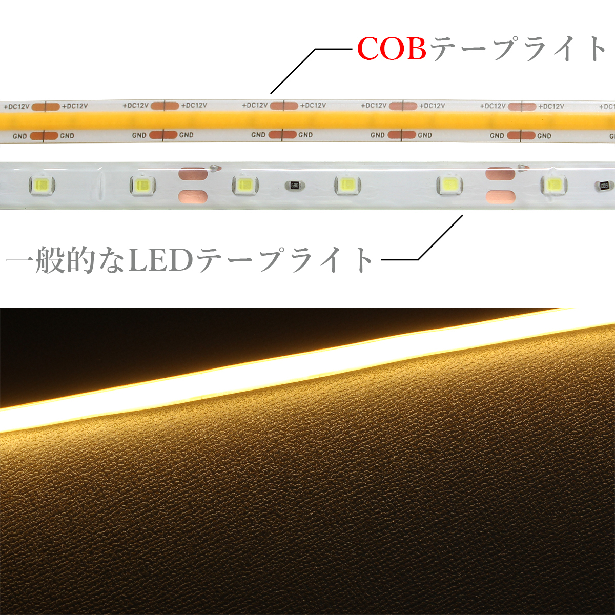 LED COB テープライト 1.2m 12V 防水 白ベース 片端子 正面発光 車 自動車 バイク 高輝度 両面テープ 電球色 1本_画像3