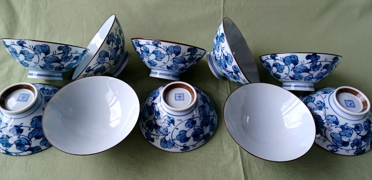 一窯飯茶碗10客紺色つる葉柄 口径12cm 高さ 5.4cm