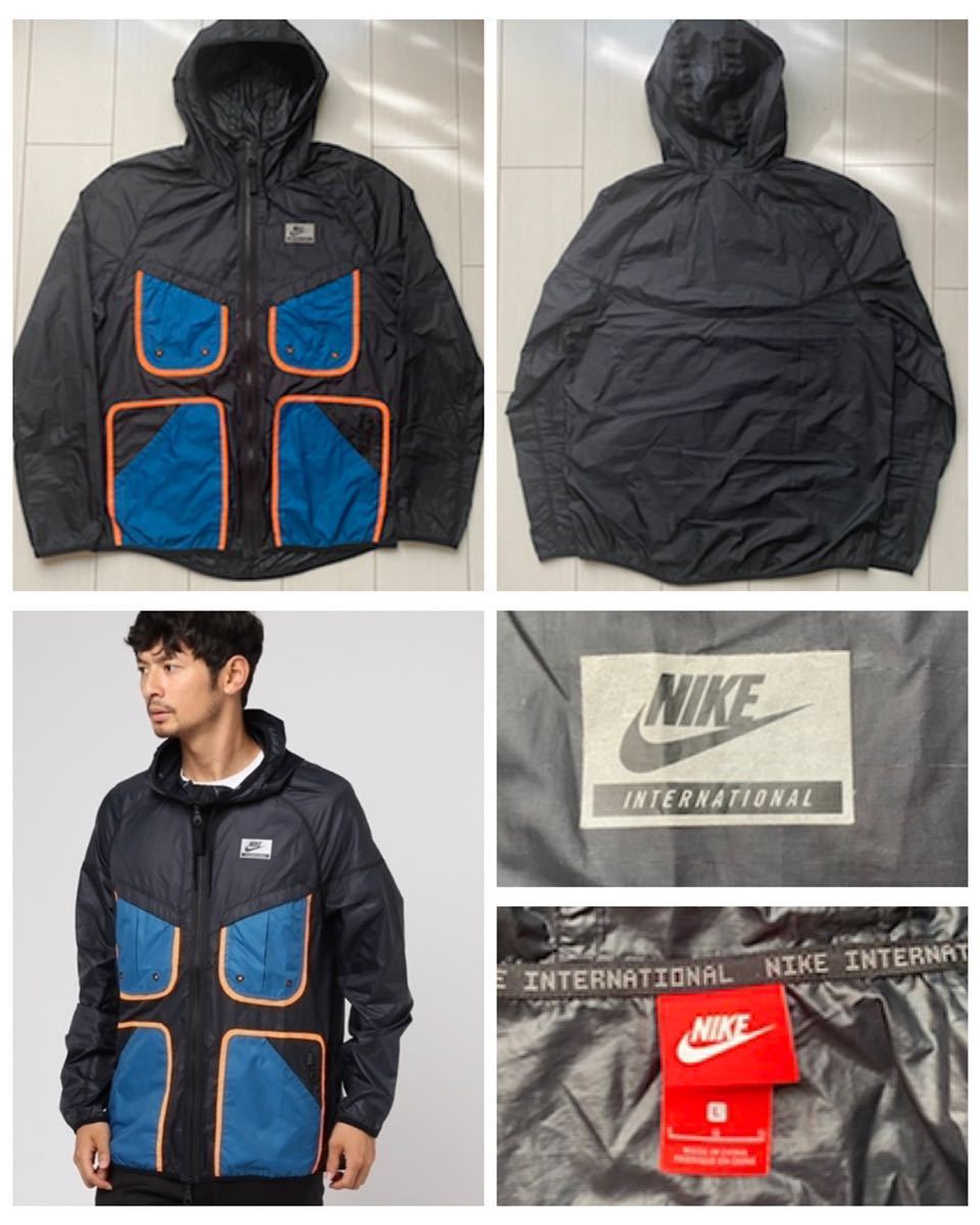 送料無料 美品 NIKE ナイキ international インターナショナル ウィンド ランナー nylon 切替 ジャケット マウンテン パーカー black 黒 XL