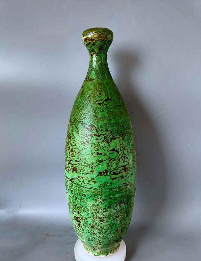 唐代　絞胎　緑釉　古磁瓶