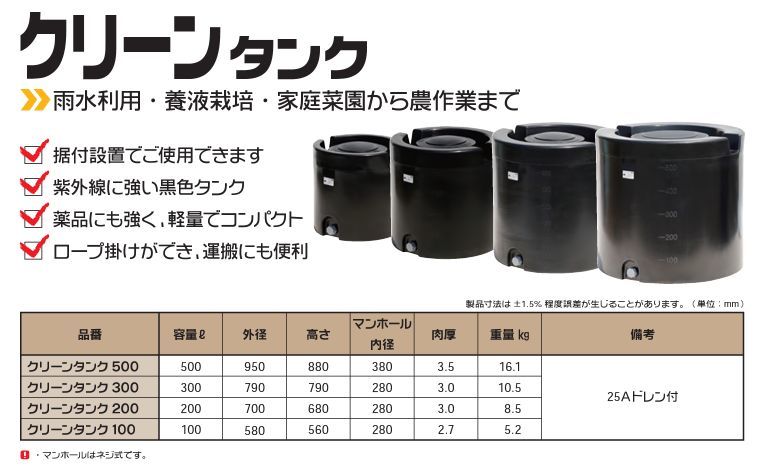 スイコー クリーンタンク 200L 円筒型ローリータンク 紫外線に強い黒