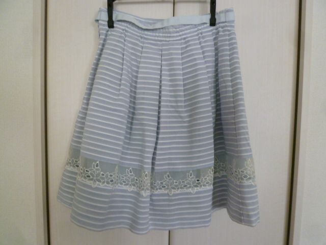 LEST ROSE/ L'Est Rose *. light blue series border hem cut Work race design waist ribbon belt flared skirt 2/ knees height la Est *SK616