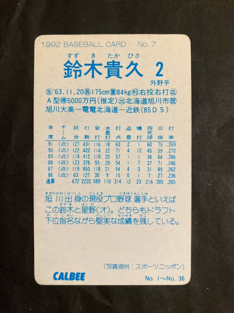カルビープロ野球カード 92年 No.7 鈴木貴久 近鉄 1992年 (検索用) レアブロック ショートブロック ホログラム 金枠 地方版の画像2