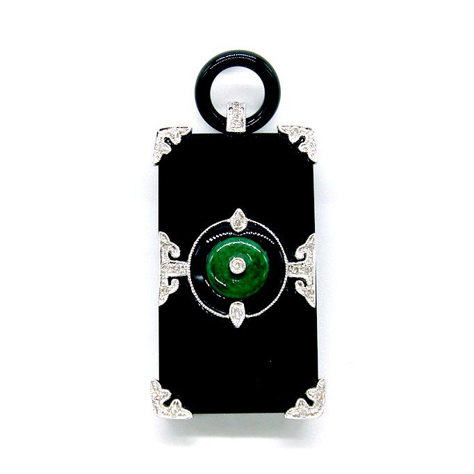 PE886:K18WG jade onyx diamond pendant 