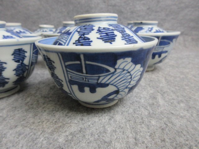 伊万里 染付 蓋茶碗 8個 [B31961] 高さ7.8cm 直径10cm 字文に壷 古美術 古玩_画像6