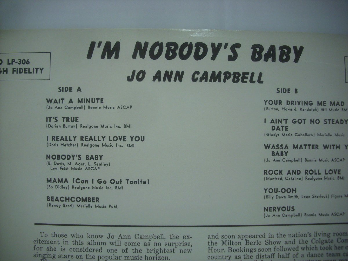 ■ LP 　JO ANN CAMPBELL / I'M NOBODY'S BABY ジョー・アン・キャンベル ファースト ロカビリー オールディーズ 1959年 ◇r40906_画像3