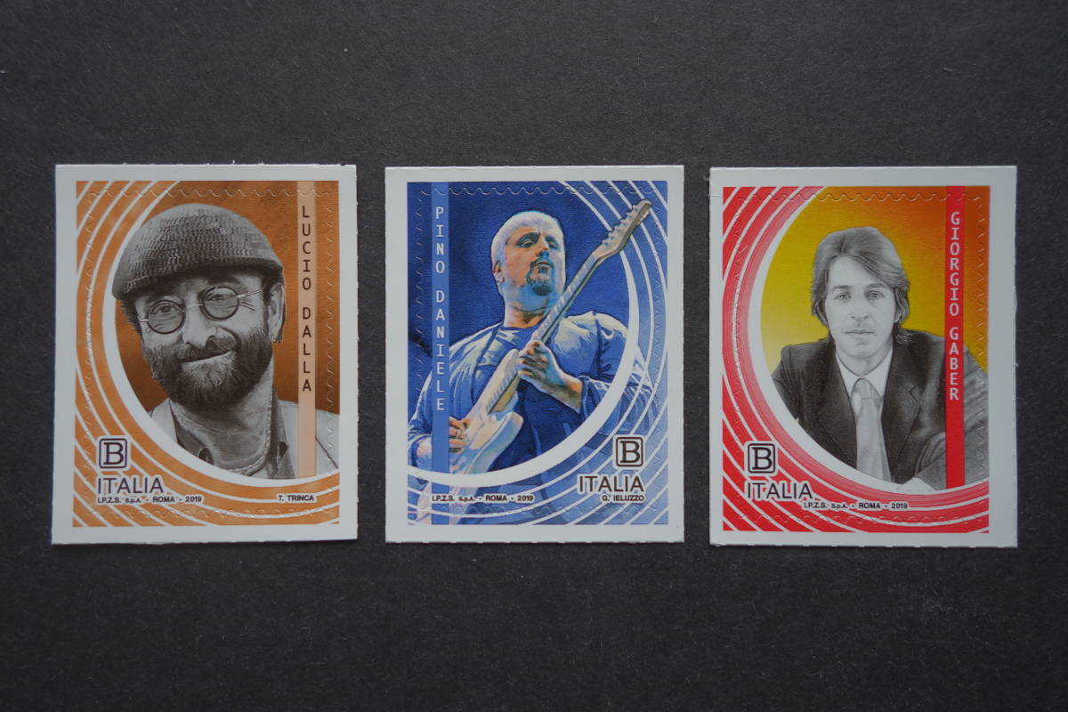 外国切手：イタリア切手 「イタリアのシンガーソングライター」（ルーチョ・ダッラ 、ピーノ・ダニエレ ほか）3種完 未使用の画像1