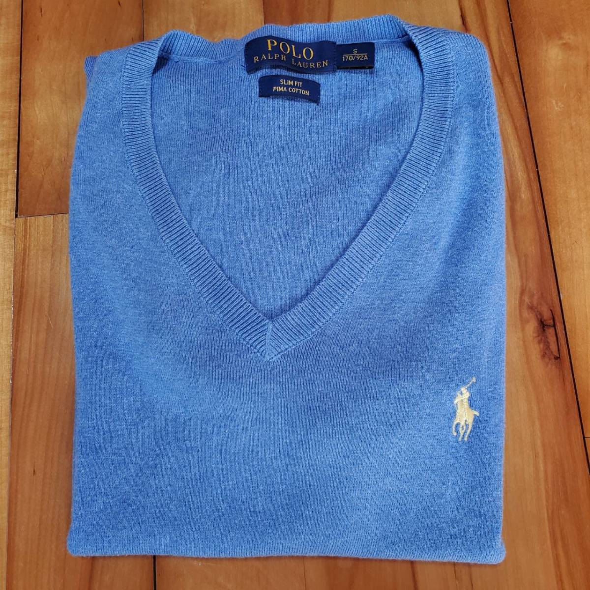ラルフローレン Vネック Pima Cotton コットン セーター 青 POLO RALPH LAUREN S SLIM FIT ブルー ポニー刺繍