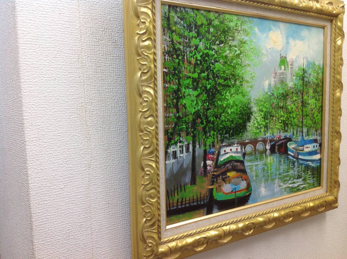 肉質油絵 横 F10 ヨーロッパ 運河 船 緑の木々 額装仕上げ品｜PayPayフリマ
