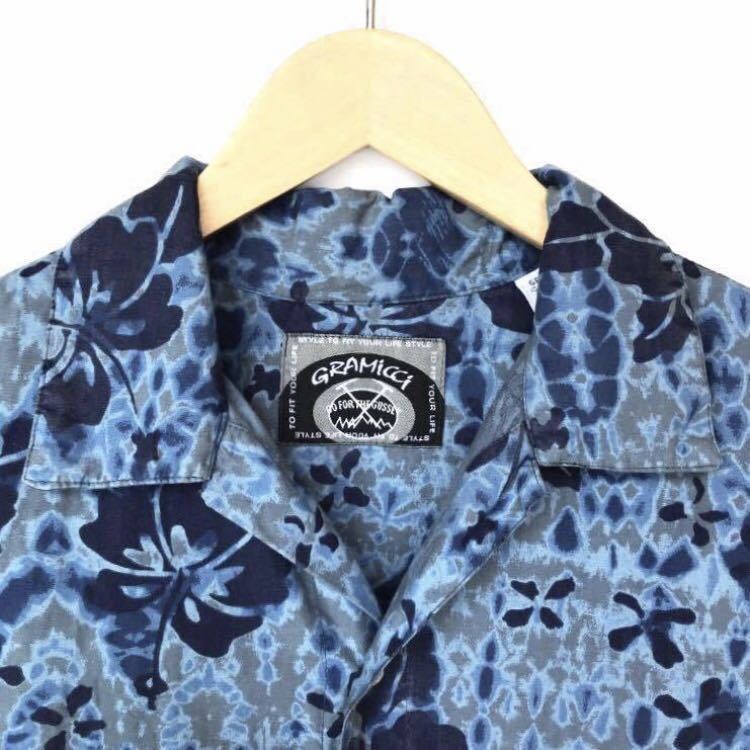 90s vintage USA производства GRAMICCI Gramicci большой размер Thai большой рисунок гавайская рубашка короткий рукав голубой × серый size S редкий . воротник гибискус общий рисунок 