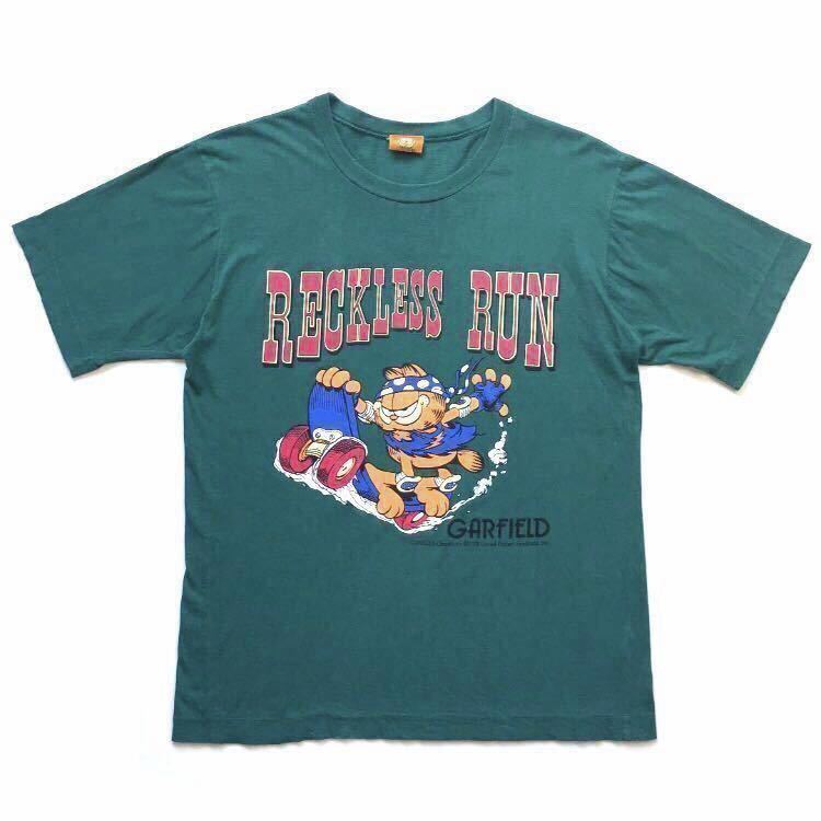 90s vintage GARFIELD ガーフィールド キャラクター プリントTシャツ 半袖 グリーン green size M 希少 シングルステッチ コピーライト入_画像1