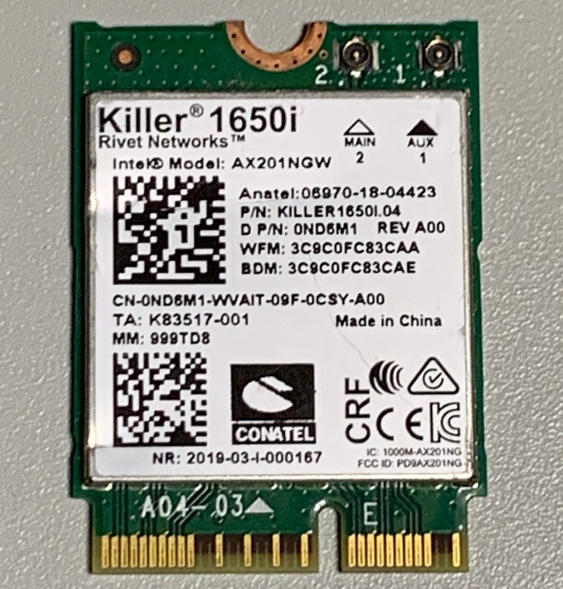 中古】M.2 WifiカードKiller 1650i Intel AX201NGW / Wi-Fi 6 (802.11