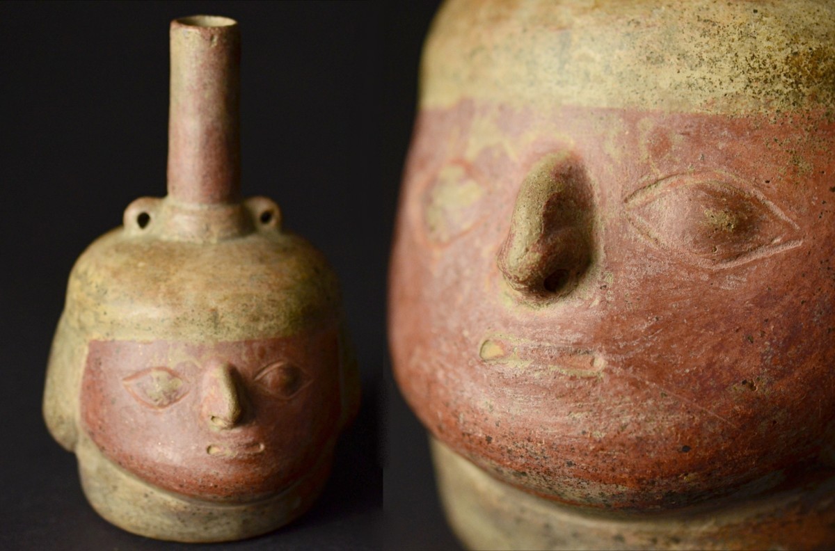横濱美術】ペルー 加彩人物頭部注口壺・古代アンデス土器・インカ土器